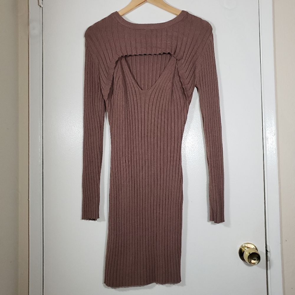 Aster Ribbed Neutral Long Sleeve Sexy Cut Out Bodycon Mini Dress Size L